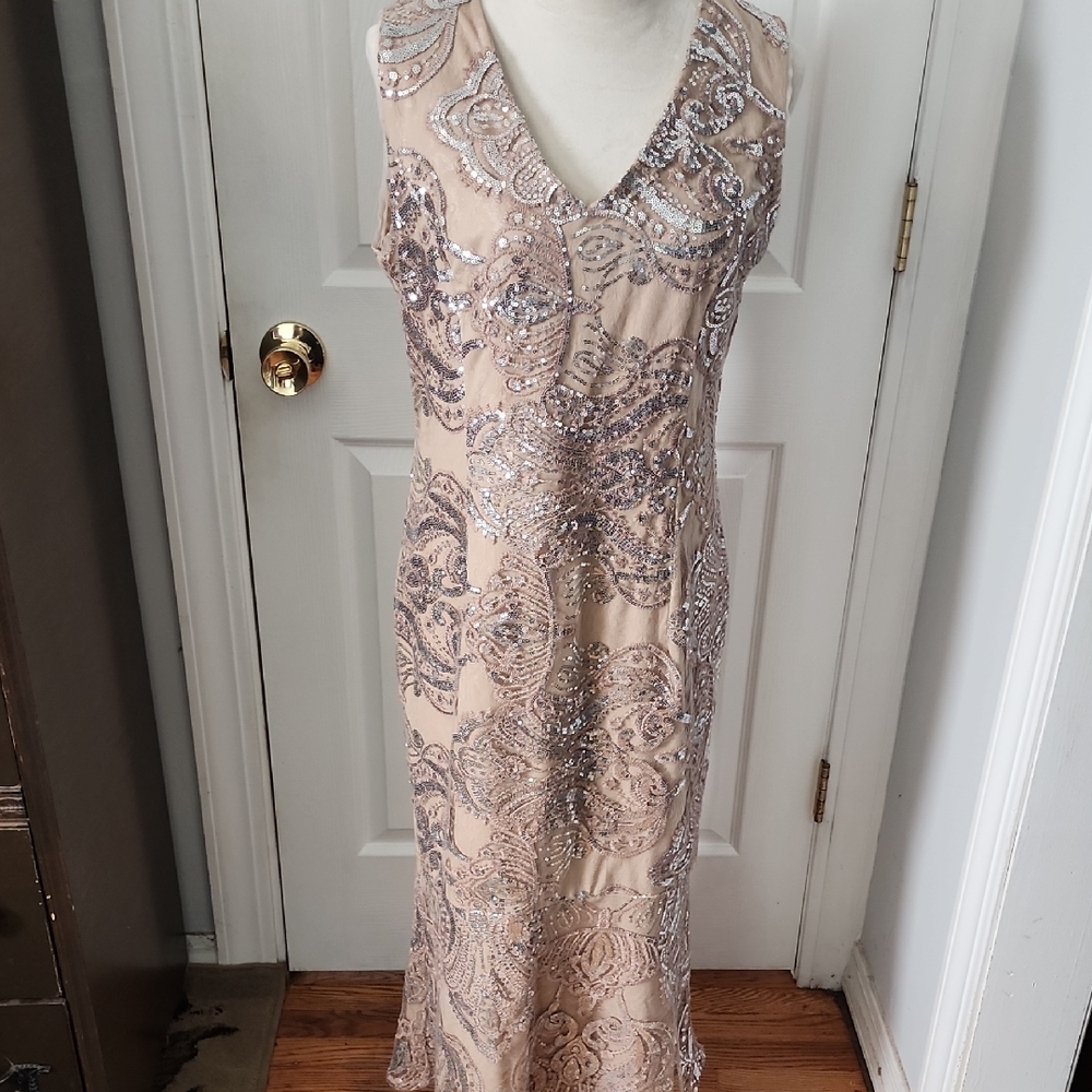 Evening Dress Nude/Blush With Silver Sequin Overlay